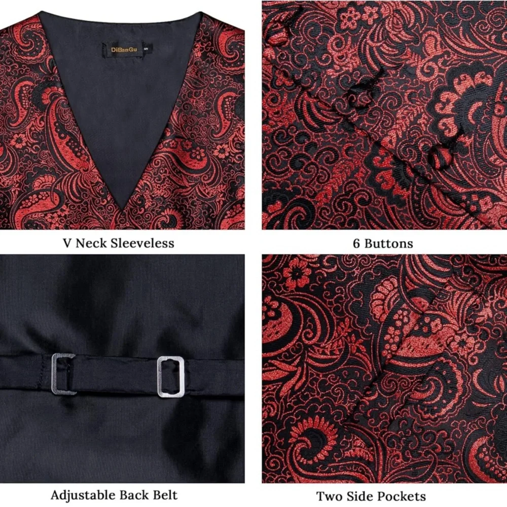 Men’s 5 Pc Red And Black Paisley Formal Dress Vest  Silk Large Tie Links Square